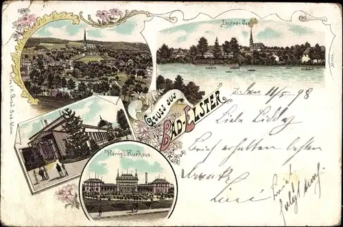 Litho Bad Elster im Vogtland, Gesamtansicht, Königl. Kurhaus, See