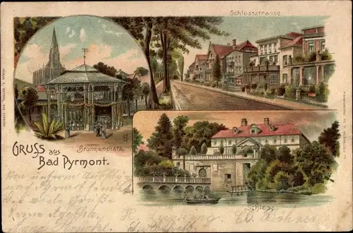 Litho Bad Pyrmont in Niedersachsen, Brunnenplatz, Schlossstraße, Schloss