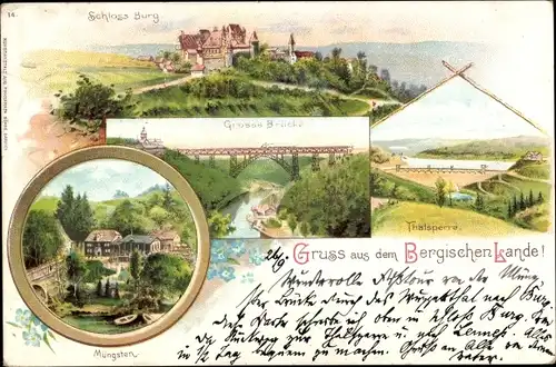 Litho Burg an der Wupper Solingen, Schloss Burg, Große Brücke, Talsperre, Müngsten