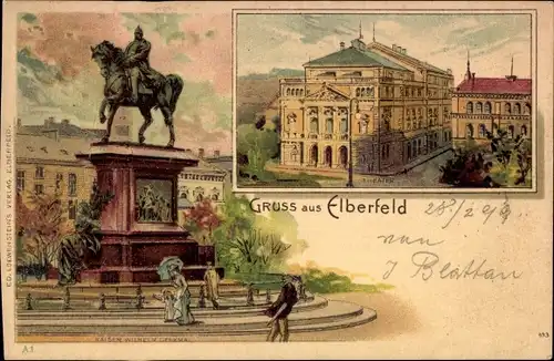 Litho Elberfeld Wuppertal, Theater, Kaiser Wilhelm Denkmal