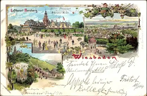 Litho Wiesbaden in Hessen, Neroberg, Restaurant der Gebrüder Krell, Panorama, Standseilbahn, Kapelle