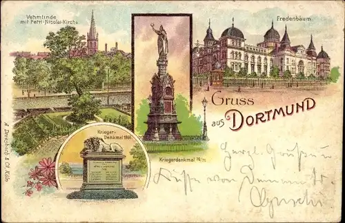Litho Dortmund im Ruhrgebiet, Kriegerdenkmal, Löwendenkmal, Petri-Nicolai-Kirche, Fredenbaum