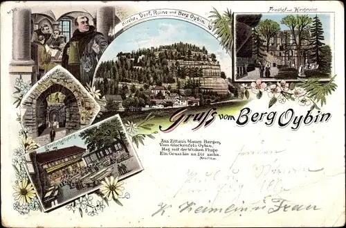 Litho Oybin in Sachsen, Kirche, Dorf, Ruine, Berg Oybin, Friedhof und Kirchruine