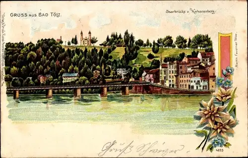 Litho Bad Tölz in Oberbayern, Isarbrücke, Kalvarienberg