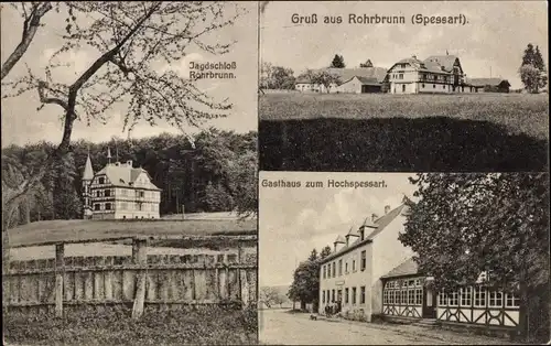 Ak Rohrbrunn Weibersbrunn im Spessart, Jagdschloss, Gasthaus zum Hochspessart, Panorama