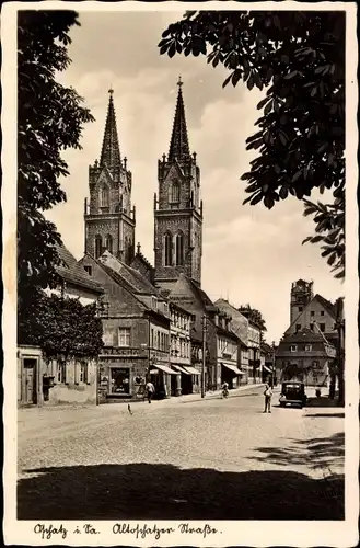 Ak Oschatz in Sachen, Altoschatzer Straße, Geschäfte, Modenhaus Schmidt, Kirche