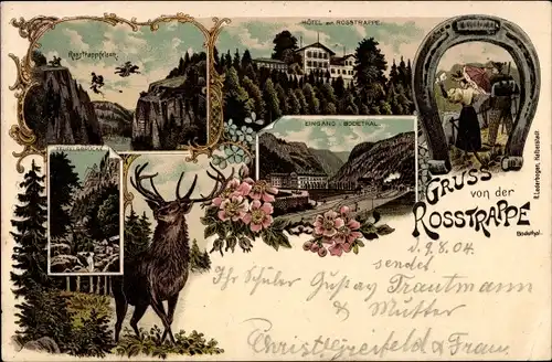 Litho Thale im Harz, Gruß von der Rosstrappe, Rosstrappfelsen, Hotel, Bodetal