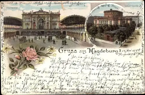 Litho Magdeburg an der Elbe, Bahnhof, Stadttheater