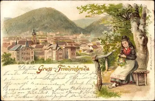 Litho Friedrichroda Thüringen, Frau in Tracht, Blick auf Ortschaft und Umgebung
