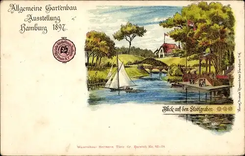 Litho Hamburg, allg. Gartenbauausstellung 1897, Blick a. d. Stadtgraben