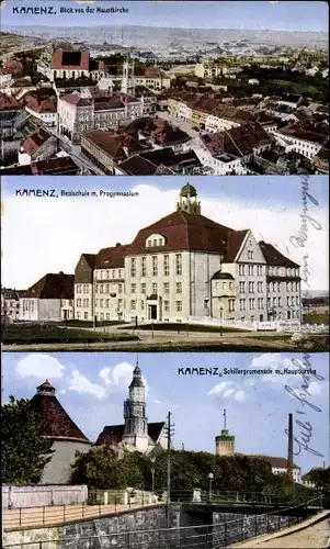 Ak Kamenz im Kreis Bautzen, Schillerpromenade, Hauptkirche, Realschule, Progymnasium