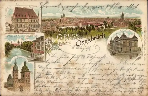 Litho Osnabrück in Niedersachsen, Gesamtansicht, Rathaus, Dom, Post, Neumarkt