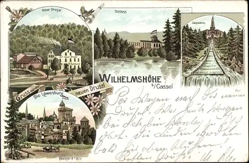 Litho Bad Wilhelmshöhe Kassel, Kaskaden, Schloss, Gasthaus Neue Drusel, Löwenburg