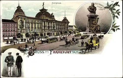 Litho Frankfurt am Main, Post, Pferdebahn, Kaiser Wilhelm I. Denkmal