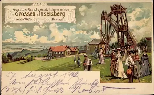 Litho Brotterode in Thüringen, Großer Inselsberg, Preußischer Gasthof und Aussichtsturm