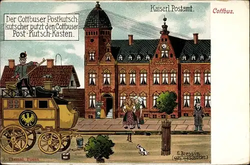 Künstler Ak Blessin, E., Cottbus Brandenburg, Der Postwagen, kaiserl. Postamt