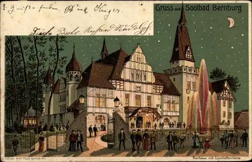 Litho Bernburg an der Saale Salzlandkreis, Kurhaus mit Leuchtfontäne, Gäste, Nachtansicht