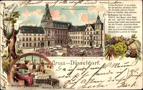 Litho Düsseldorf am Rhein, Marktplatz und Rathaus, Obst, Gemüse, Handel