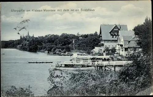 Ak Berlin Zehlendorf Wannsee, Uferpartie mit Kleinen Wannsee mit dem neuen Bootshaus