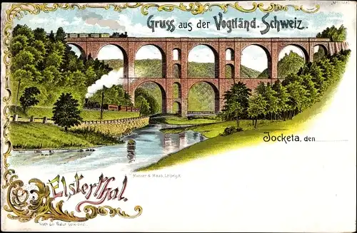 Litho Jocketa Pöhl Vogtland, Elstertal, Viadukt, Flusspartie