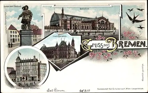Litho Hansestadt Bremen, Gustav Adolf Denkmal, Bahnhof, Justizgebäude, Hotel Stadt München