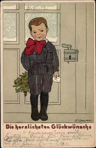 Künstler AK Caspari, G., Glückwunsch Neujahr, Junge mit Zweigen und einem Brief