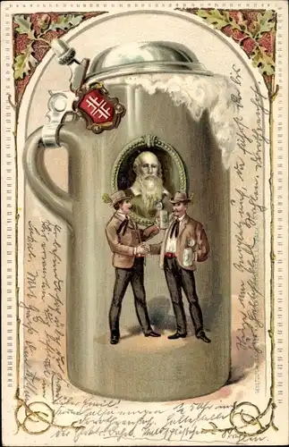 Präge Litho Bierkrug, Turnvater Jahn, Turner geben sich die Hand, Dresden