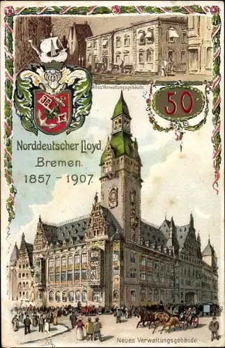 Wappen Litho Hansestadt Bremen, Norddeutscher Lloyd, altes und neues Verwaltungsgebäude