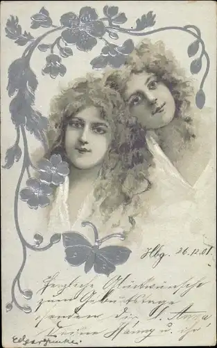 Präge Litho Frauen Portraits, zwei Frauen in weißem Gewand mit Blumen umrankt