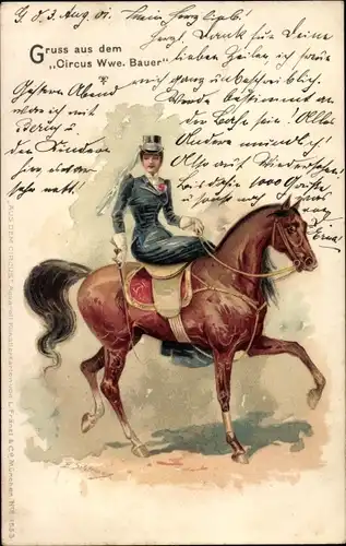 Litho Dressurreiterin auf einem Pferd, Circus Wwe. Bauer