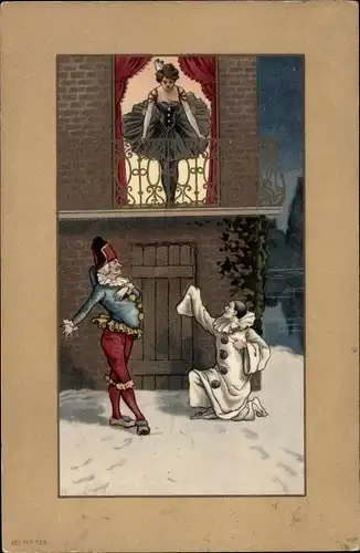 Künstler Ak Harlekin, Pierrot, Pierrette auf dem Balkon, Amor