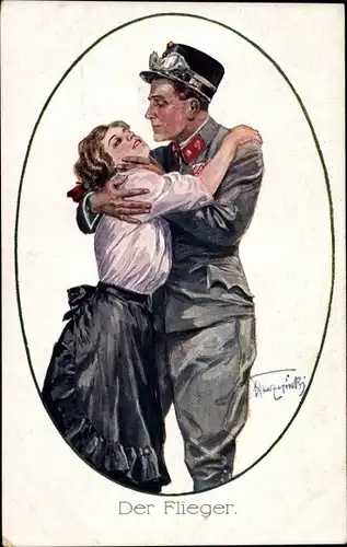 Künstler Ak Der Flieger, KuK Soldat umarmt eine Frau