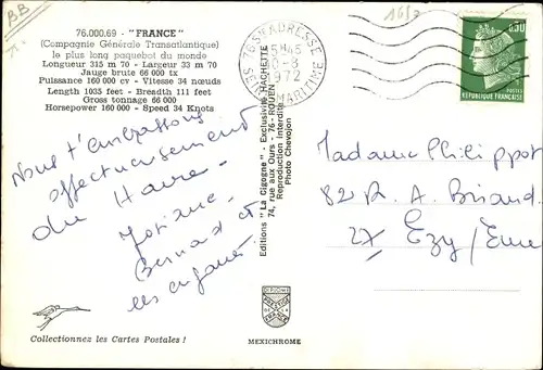 Ak Dampfer France, CGT French Line, Passagierschiff