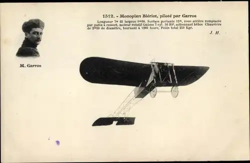 Ak Monoplan Blériot, piloté par Garros, Aéroplane, Aviateur