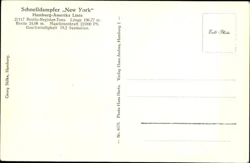Ak Schnelldampfer New York, Dampfschiff, HAPAG