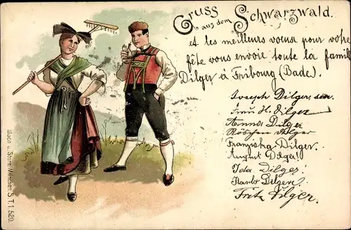 Litho Gruß aus dem Schwarzwald, Schwarzwälder Tracht, Liebespaar, Harke, Pfeife