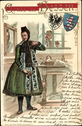 Wappen Litho Junge Frau in hessischer Tracht, Bauernstube, Mann am Fenster