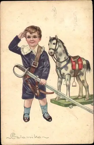 Künstler Ak Colombo, E., Junge mit Säbel, Pferd-Spielzeug