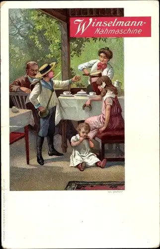 Litho Winselmann Nähmaschine, Reklame, Familie, Nähen