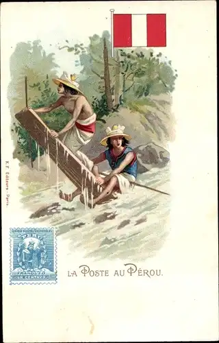 Briefmarken Litho Peru, La Poste au Perou, Fluss, Floß