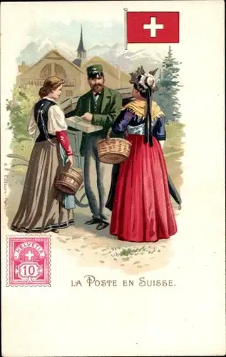 Briefmarken Litho La Poste en Suisse, Postbote, Frauen in Trachten