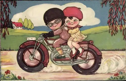 Ak Kinder fahren Motorrad, Liebespaar, Ausflug