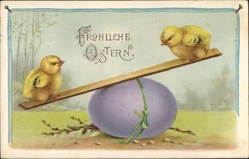 Ak Glückwunsch Ostern, Küken beim Wippen, Osterei, Weidenkätzchen