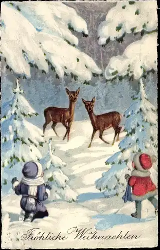 Ak Glückwunsch Weihnachten, Kinder im Wald, Rehe