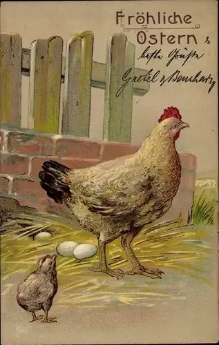 Präge Ak Glückwunsch Ostern, Henne, Küken, Eier