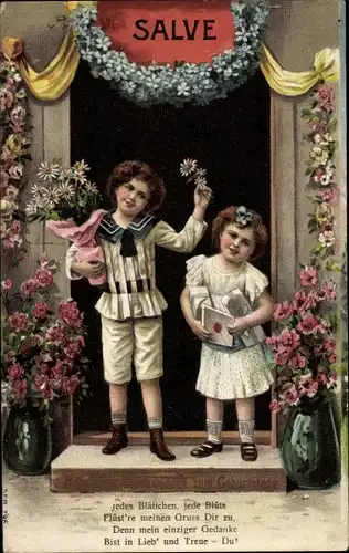 Präge Ak Glückwunsch, Kinder, Blumen, Vergissmeinnicht