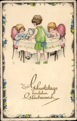Ak Glückwunsch Geburtstag, Kinder am Tisch, Tassen, Tee