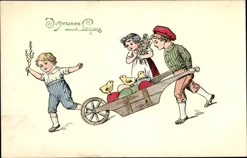 Ak Glückwunsch Ostern, Kinder, Schubkarre, Küken, Ostereier, Weidenkätzchen