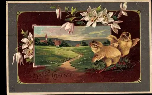 Passepartout Ak Glückwunsch Ostern, Küken, Dorfansicht, Blumen