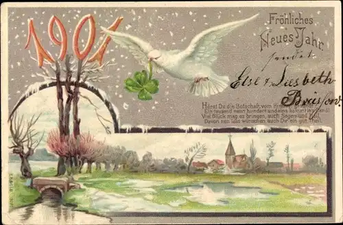 Ak Glückwunsch Neujahr 1901, Dorfansicht, Taube, Glücksklee